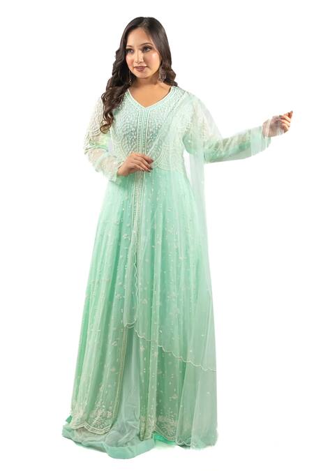 Buy_Hasrat By Salma_Blue Georgette, Net Beads, Stones Embroidered Anarkali With Dupatta For Kids_Online_at_Aza_Fashions