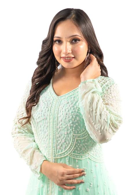 Shop_Hasrat By Salma_Blue Georgette, Net Beads, Stones Embroidered Anarkali With Dupatta For Kids_Online_at_Aza_Fashions