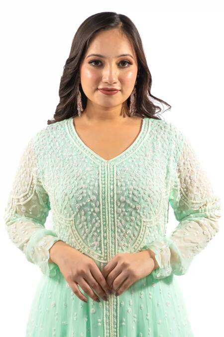 Hasrat By Salma_Blue Georgette, Net Beads, Stones Embroidered Anarkali With Dupatta For Kids_at_Aza_Fashions