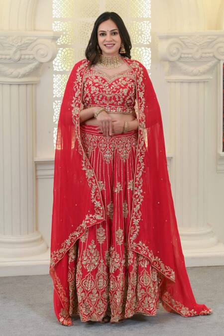 Hasrat By Salma Pink Georgette, Bamboo Embroidery, Zari Asymmetric Zardosi Blouse And Lehenga Set at Aza Fashions Hasrat By Salma_Pink Georgette, Bamboo Embroidery, Zari Asymmetric Zardosi Blouse And Lehenga Set _at_Aza_Fashions