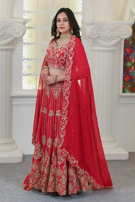 Buy Hasrat By Salma Pink Georgette, Bamboo Embroidery, Zari Asymmetric Zardosi Blouse And Lehenga Set Buy_Hasrat By Salma_Pink Georgette, Bamboo Embroidery, Zari Asymmetric Zardosi Blouse And Lehenga Set