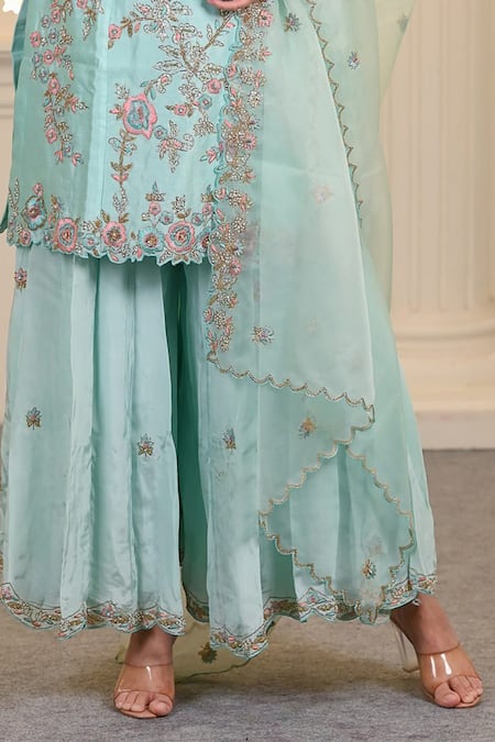 Hasrat By Salma_Blue Chanderi, Silk Organza Embroidery, Beads Floral Kurta And Sharara Set For Kids_Online_at_Aza_Fashions