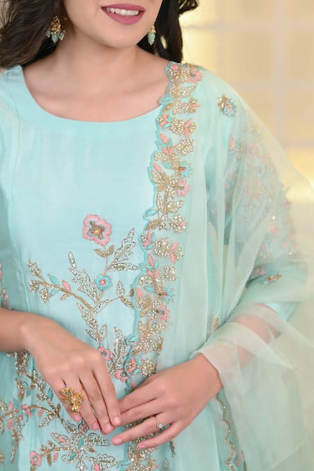 Shop_Hasrat By Salma_Blue Chanderi, Silk Organza Embroidery, Beads Floral Kurta And Sharara Set For Kids_Online_at_Aza_Fashions