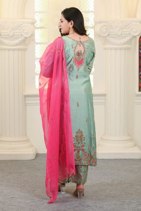 Hasrat By Salma Chanderi Embroidered Kurta & Pant Set For Kids