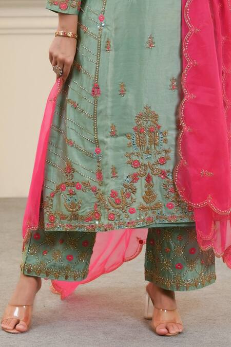 Hasrat By Salma_Green Organza, Chanderi Beads, Sequins, Embroidery Kurta And Pant Set For Kids_Online_at_Aza_Fashions