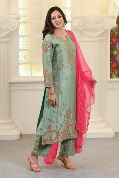 Buy_Hasrat By Salma_Green Organza, Chanderi Beads, Sequins, Embroidery Kurta And Pant Set For Kids_Online_at_Aza_Fashions