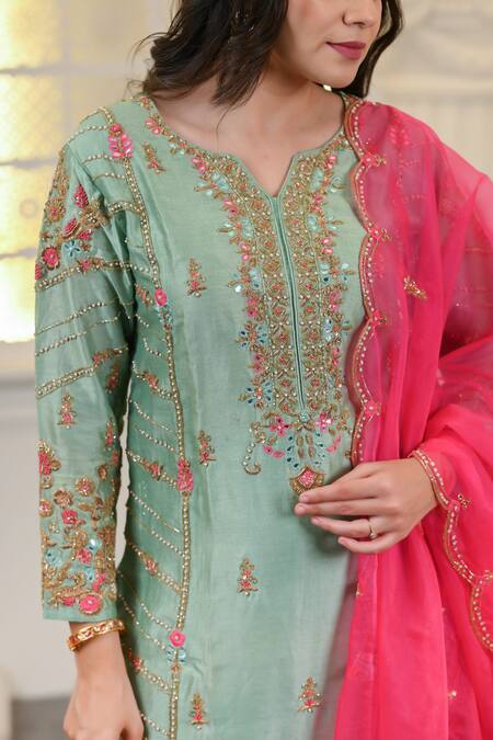 Shop_Hasrat By Salma_Green Organza, Chanderi Beads, Sequins, Embroidery Kurta And Pant Set For Kids_Online_at_Aza_Fashions