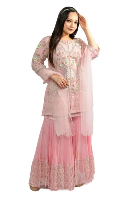 Hasrat By Salma Pink Georgette Net Hand Embroidery Floral Notched Pearl Kurta With Sharara Set 