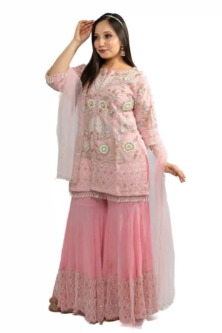 Hasrat By Salma_Pink Georgette, Net Embroidery, Beads, Pearls Kurta With Sharara Set For Kids_Online_at_Aza_Fashions