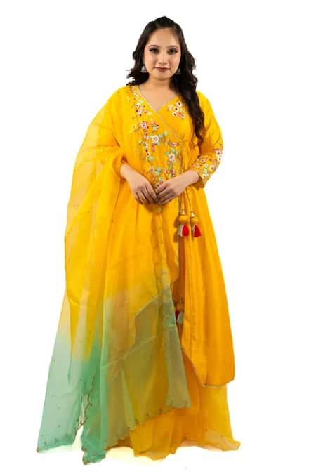 Hasrat By Salma Yellow Silk Chanderi Hand Embroidery Floral Asymmetric Angarkha And Sharara Set For Kids