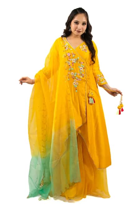 Hasrat By Salma Asymmetric Embroidered Angarkha & Sharara Set For Kids