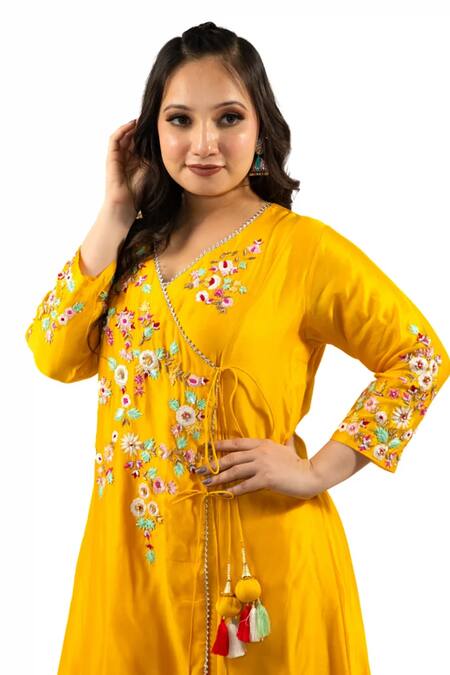 Hasrat By Salma_Yellow Organza, Silk Tassels Asymmetric Embroidered Angarkha And Sharara Set For Kids_Online_at_Aza_Fashions