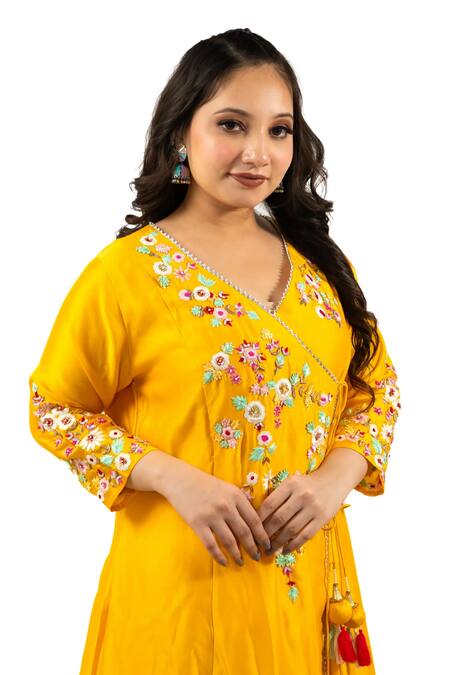 Buy_Hasrat By Salma_Yellow Organza, Silk Tassels Asymmetric Embroidered Angarkha And Sharara Set For Kids_Online_at_Aza_Fashions