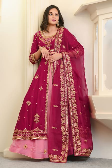 Hasrat By Salma_Pink Organza, Georgette Embroidery Floral Anarkali And Lehenga Set For Kids_Online_at_Aza_Fashions