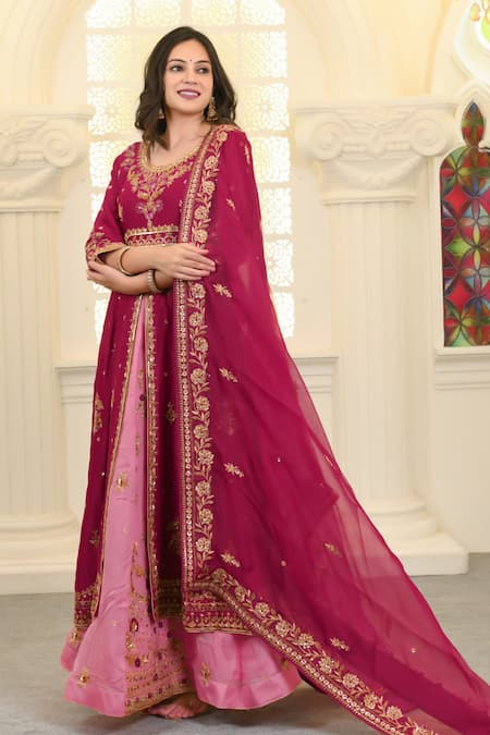 Buy_Hasrat By Salma_Pink Organza, Georgette Embroidery Floral Anarkali And Lehenga Set For Kids_Online_at_Aza_Fashions