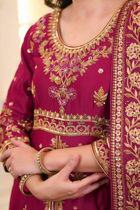 Shop_Hasrat By Salma_Pink Organza, Georgette Embroidery Floral Anarkali And Lehenga Set For Kids_Online_at_Aza_Fashions