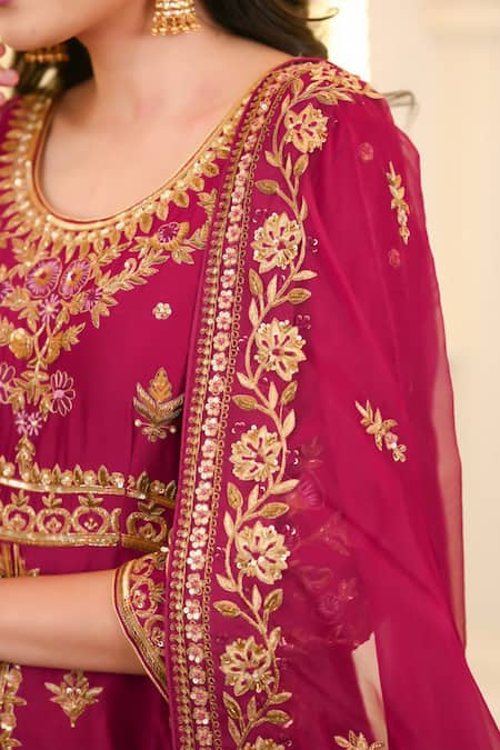 Hasrat By Salma_Pink Organza, Georgette Embroidery Floral Anarkali And Lehenga Set For Kids_at_Aza_Fashions