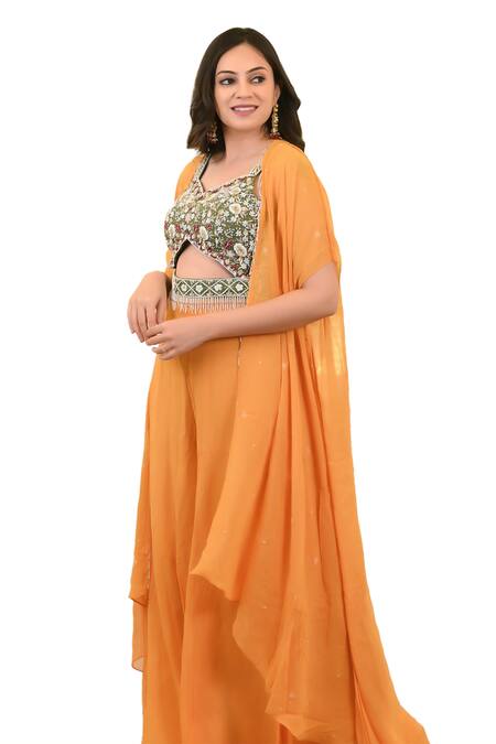 Buy_Hasrat By Salma_Yellow Georgette Zari Mango Embroidered Blouse And Sharara Set For Kids_Online_at_Aza_Fashions