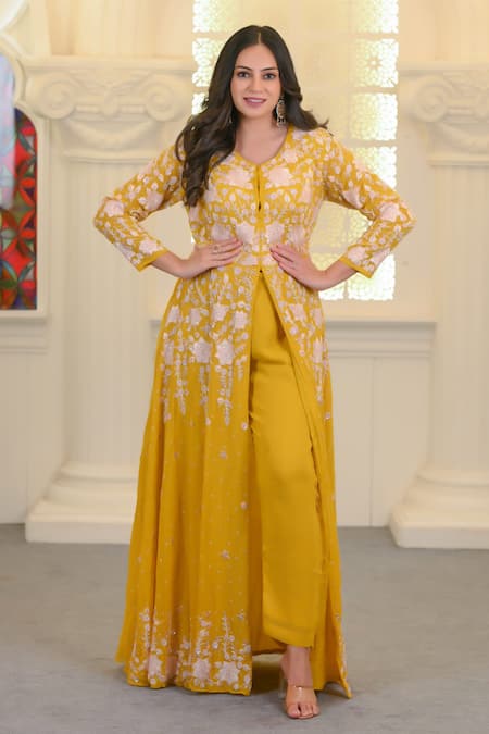 Hasrat By Salma Yellow Georgette Hand Embroidery Floral Round Anarkali With Pant 