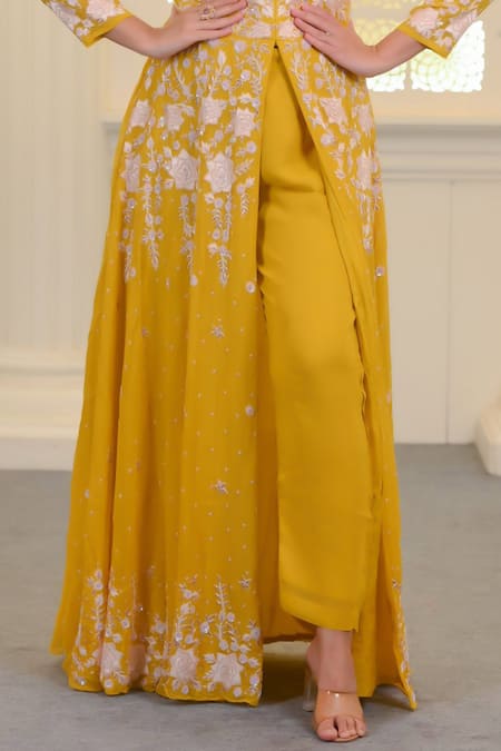 Hasrat By Salma_Yellow Georgette Embroidery Floral Anarkali With Pant For Kids_Online_at_Aza_Fashions