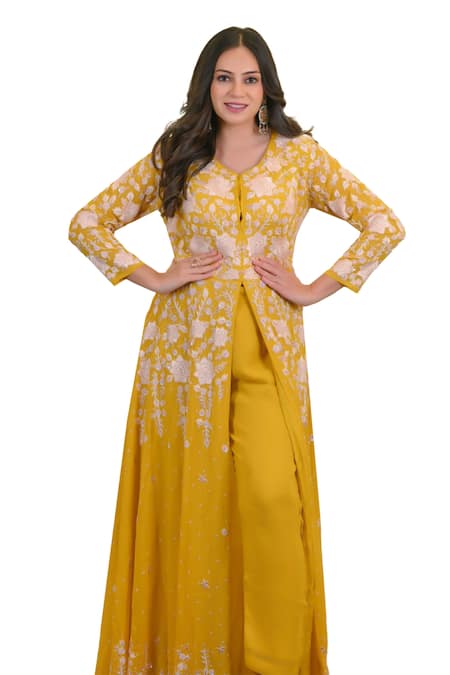 Buy_Hasrat By Salma_Yellow Georgette Embroidery Floral Anarkali With Pant For Kids_Online_at_Aza_Fashions