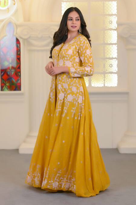 Shop_Hasrat By Salma_Yellow Georgette Embroidery Floral Anarkali With Pant For Kids_Online_at_Aza_Fashions