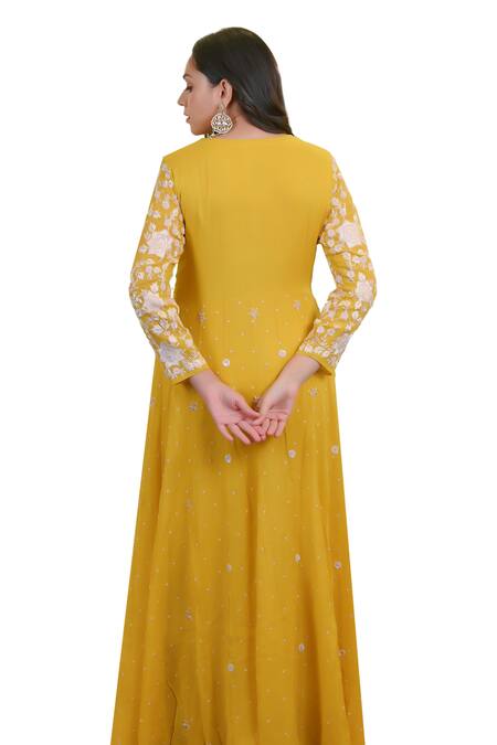 Hasrat By Salma_Yellow Georgette Embroidery Floral Anarkali With Pant For Kids_at_Aza_Fashions