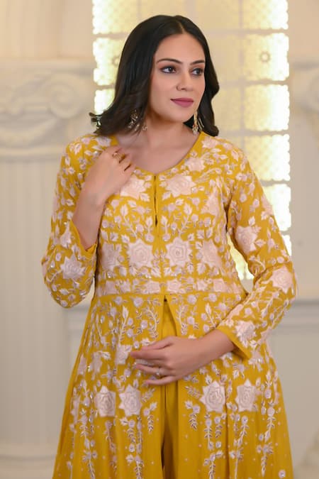 Buy_Hasrat By Salma_Yellow Georgette Embroidery Floral Anarkali With Pant For Kids