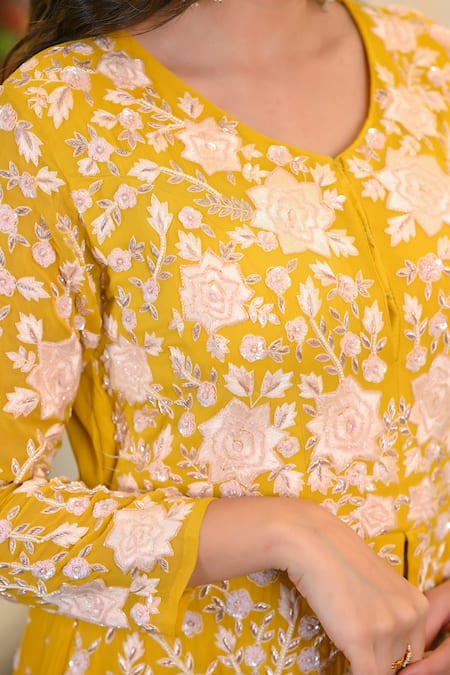 Shop_Hasrat By Salma_Yellow Georgette Embroidery Floral Anarkali With Pant For Kids