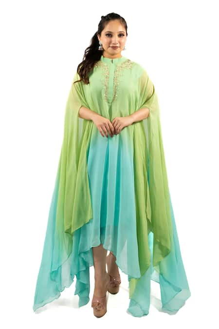 Hasrat By Salma Green Georgette Hand Embroidery Zardosi Collar Ombre Print Kaftan 