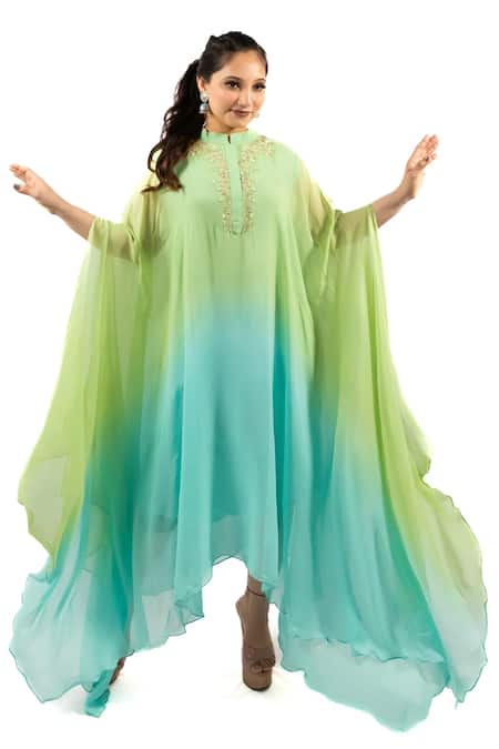 Shop Hasrat By Salma Green Georgette Embroidery Bandeau Neck Ombre Print Kaftan at Aza Fashions Shop_Hasrat By Salma_Green Georgette Embroidery Bandeau Neck Ombre Print Kaftan _at_Aza_Fashions