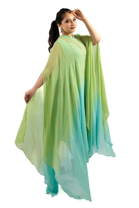 Hasrat By Salma Green Georgette Embroidery Bandeau Neck Ombre Print Kaftan Online at Aza Fashions Hasrat By Salma_Green Georgette Embroidery Bandeau Neck Ombre Print Kaftan _Online_at_Aza_Fashions