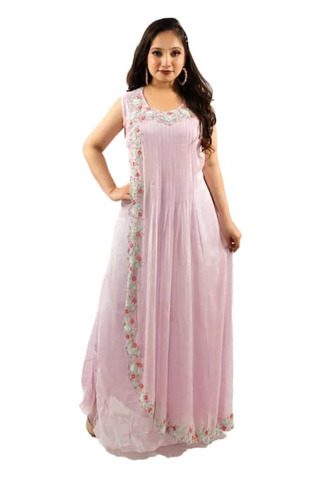 Hasrat By Salma_Purple Georgette Embroidery Floral Kurta With Cape For Kids_Online_at_Aza_Fashions