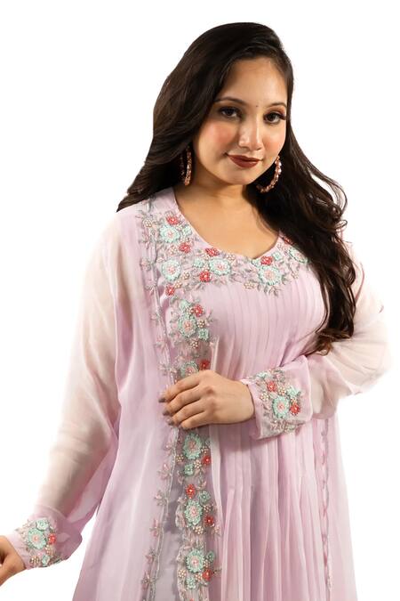 Buy_Hasrat By Salma_Purple Georgette Embroidery Floral Kurta With Cape For Kids_Online_at_Aza_Fashions