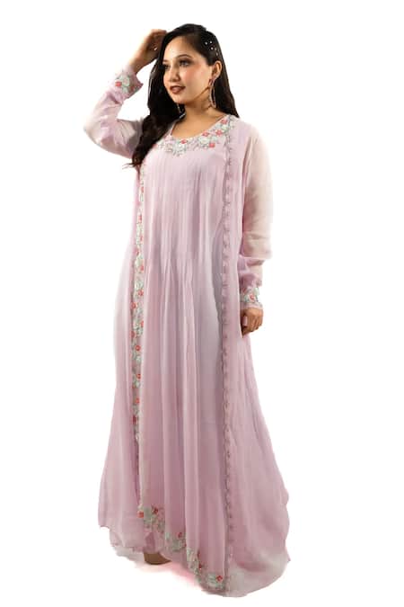 Shop_Hasrat By Salma_Purple Georgette Embroidery Floral Kurta With Cape For Kids_Online_at_Aza_Fashions