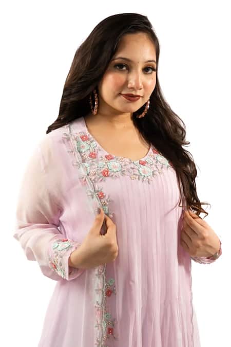 Hasrat By Salma_Purple Georgette Embroidery Floral Kurta With Cape For Kids_at_Aza_Fashions