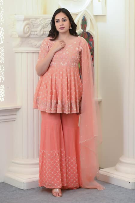 Hasrat By Salma Orange Dupion Silk Hand Embroidery Floral Leaf Neck Peplum Kurta And Gharara Set 