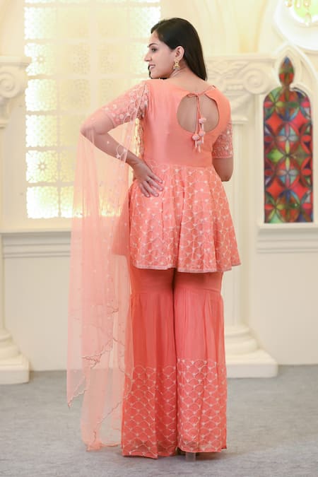 Hasrat By Salma Floral Embroidered Peplum Kurta & Gharara Set For Kids