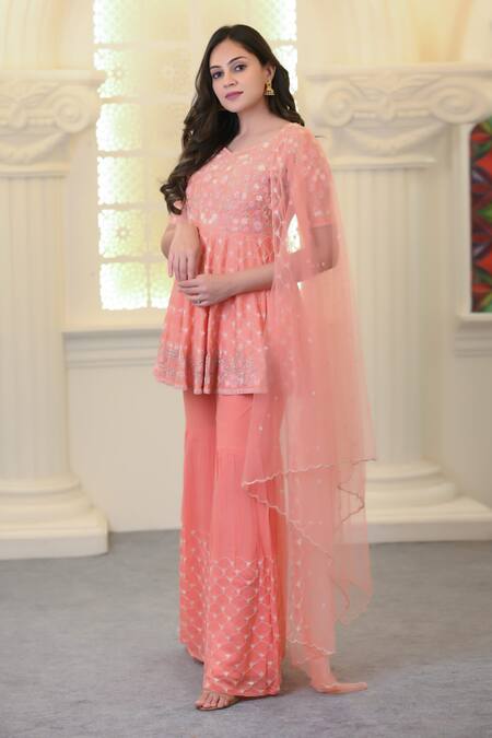 Hasrat By Salma_Orange Silk, Georgette Embroidery, Zari Floral Peplum Kurta And Gharara Set For Kids_Online_at_Aza_Fashions