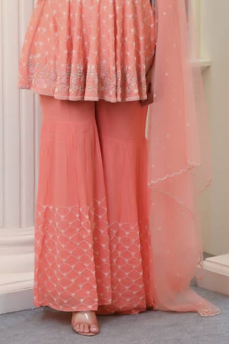 Hasrat By Salma_Orange Silk, Georgette Embroidery, Zari Floral Peplum Kurta And Gharara Set For Kids_at_Aza_Fashions