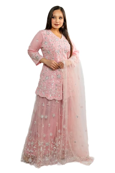 Hasrat By Salma Pink Net Hand Embroidery Floral V-neck Short Kurta And Sharara Set 