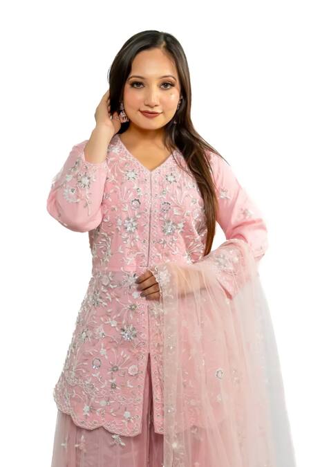 Buy_Hasrat By Salma_Pink Net Embroidery, Zari Floral Short Kurta And Sharara Set For Kids_Online_at_Aza_Fashions