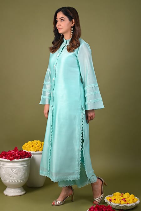 Hasrat By Salma_Blue Silk, Chanderi Beads, Lace Hand Embroidered Kurta With Pant For Kids_Online_at_Aza_Fashions