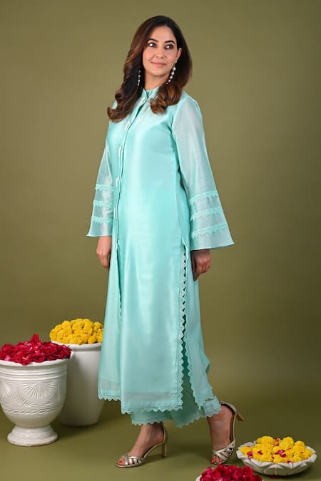 Buy_Hasrat By Salma_Blue Silk, Chanderi Beads, Lace Hand Embroidered Kurta With Pant For Kids_Online_at_Aza_Fashions