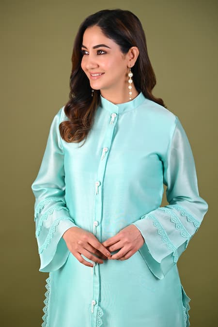 Shop_Hasrat By Salma_Blue Silk, Chanderi Beads, Lace Hand Embroidered Kurta With Pant For Kids_Online_at_Aza_Fashions