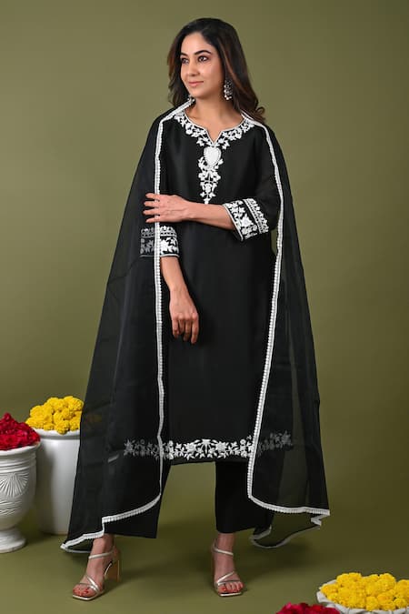 Hasrat By Salma Black Silk Chanderi Hand Embroidered Beads Notched Kurta Pant Set 