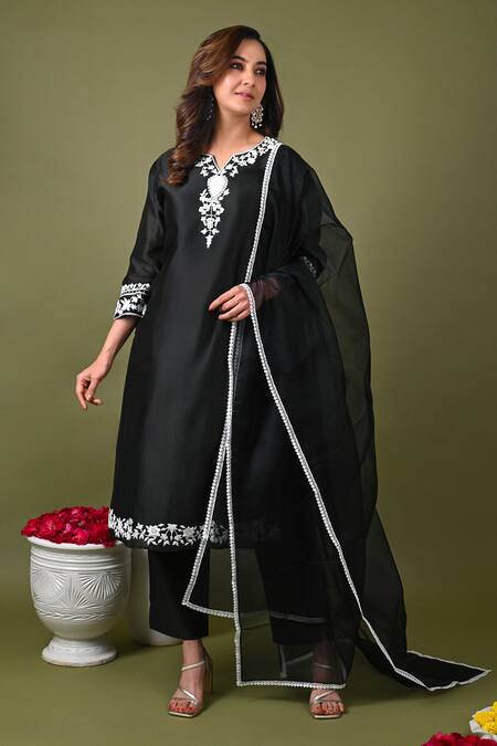 Hasrat By Salma_Black Organza, Silk, Chanderi Embroidery, Sequins, Beads Hand Kurta Pant Set For Kids_Online_at_Aza_Fashions