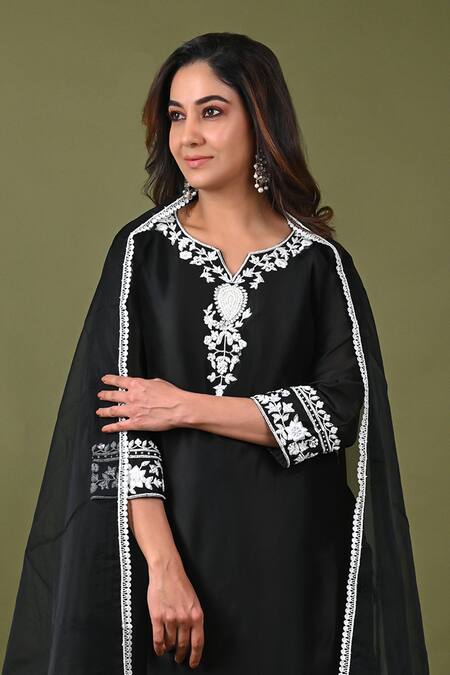 Shop_Hasrat By Salma_Black Organza, Silk, Chanderi Embroidery, Sequins, Beads Hand Kurta Pant Set For Kids_Online_at_Aza_Fashions
