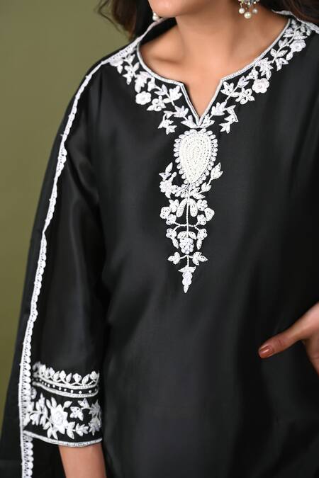 Hasrat By Salma_Black Organza, Silk, Chanderi Embroidery, Sequins, Beads Hand Kurta Pant Set For Kids_at_Aza_Fashions