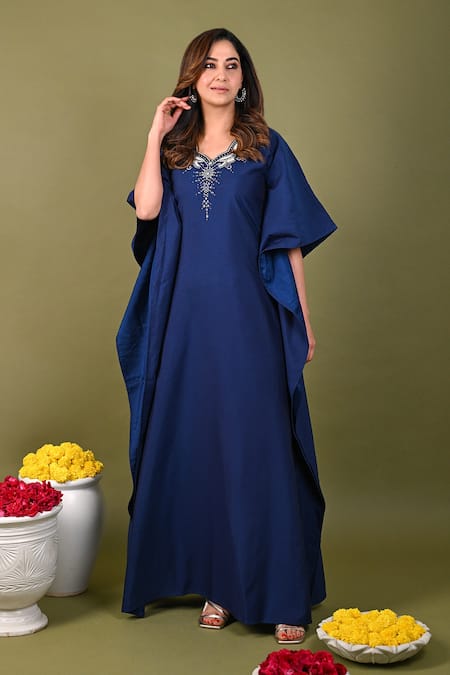 Hasrat By Salma Blue Silk Chanderi Hand Embroidered Sequins Scalloped Placement Kaftan 